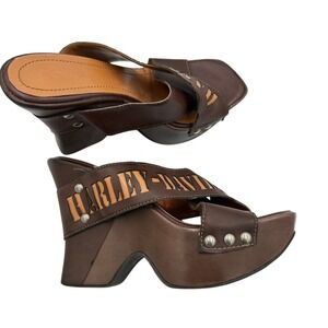 Vintage Y2K Harley Davidson Womens Brown Leather Wedge Mule Sandals Logo Size 8